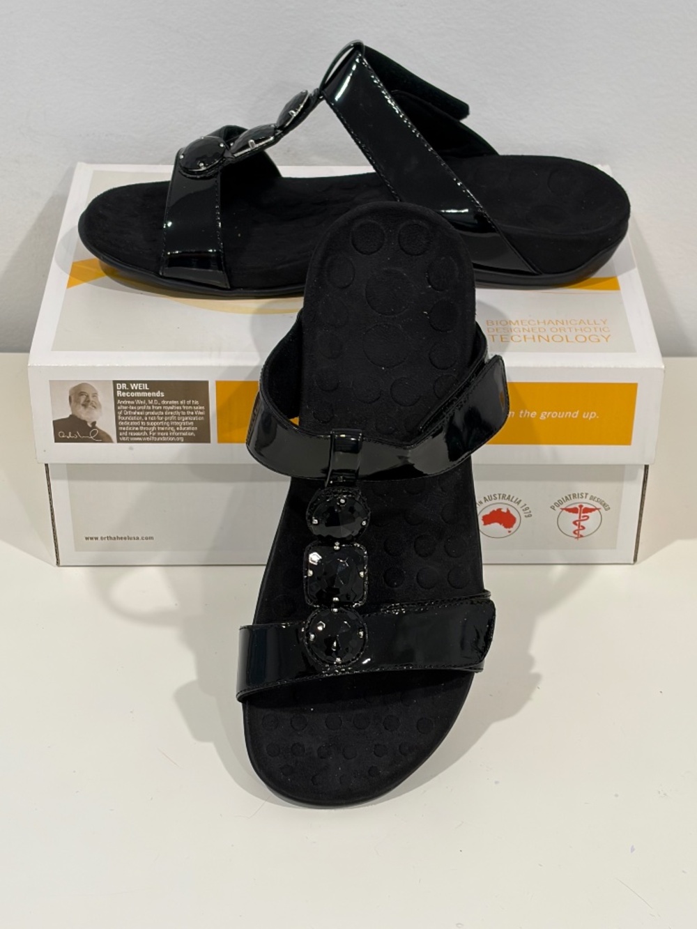 Orthaheel Womens Albany Slide Sandals Black Patent Leather US 8